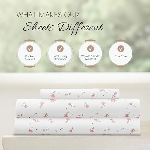 Linen Market Double-Brushed Patterned Microfiber Twin Sheet Set 3 Piece – Oeko-TEX Certified Ultra Soft & Wrinkle-Free - 16" Deep Pocket Sheets - Easy Care Twin Size - Soft Floral Pink Linen Market