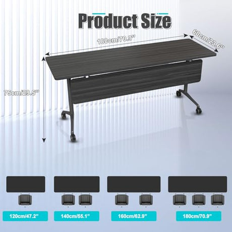 JNMDLAKO Folding Conference Table 6ft,Conference Room Tables On Wheels - Black Rectangle Large Meeting Seminar Tables,Mobile Training Room Table for Office Business Classroom JNMDLAKO