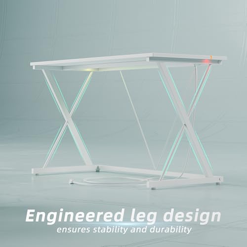 TIQLAB Gaming Desk with Power Outlets & LED 32 Inch Ergonomic Computer Carbon Fiber Surface Gamer, PC Workstation with Headphone Hook for Bedroom, Kids Desk Gift for Boys, White TIQLAB