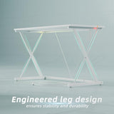 TIQLAB Gaming Desk with Power Outlets & LED 32 Inch Ergonomic Computer Carbon Fiber Surface Gamer, PC Workstation with Headphone Hook for Bedroom, Kids Desk Gift for Boys, White TIQLAB