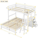 KTATK Twin Over Full Bunk Bed with Built-in Desk and Three Drawers,Pine Wood Convertible Twin Over Full L-Shaped Loft Bunk Bed Frame for Kids Teens Adults,White KTATK