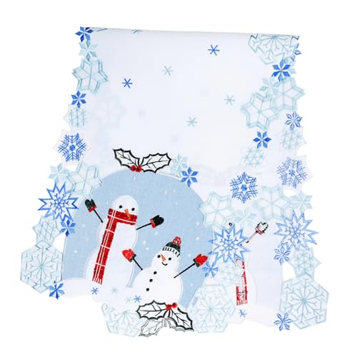 Christmas Table Runner 36 inches Long Snowman Snowflake Blue White Embroidered Dinning Table Decorations Winter Holiday Xmas YINFUNG
