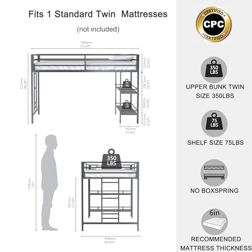 LOPOO Twin Loft Bunk Bed with Cinnamon Wood Shelf and Black Metal Frame - Stylish Space-Saving Solution for Kids - WoodArtSupply