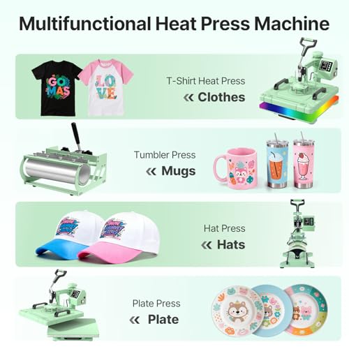 Slendor Heat Press 15x15 Inch 5 in 1 Heat Press Machine 360-Degree Swing Away Digital T Shirt Pressing Machine Multifunction Heat Transfer Sublimation Combo for T Shirts Mugs Hat Plate Cap,Green Slendor