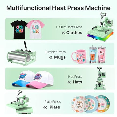 Slendor Heat Press 15x15 Inch 5 in 1 Heat Press Machine 360-Degree Swing Away Digital T Shirt Pressing Machine Multifunction Heat Transfer Sublimation Combo for T Shirts Mugs Hat Plate Cap,Green Slendor