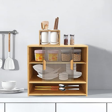 Bamboo Countertop Storage Cabinet with 2 Sliding Striped Glass Doors, Kitchen Cabinet Pantry Sideboard Freestanding Utility Cupboard for Spice Seasoning Bottles, Dish, Bowl (Wood Color) BuufuS