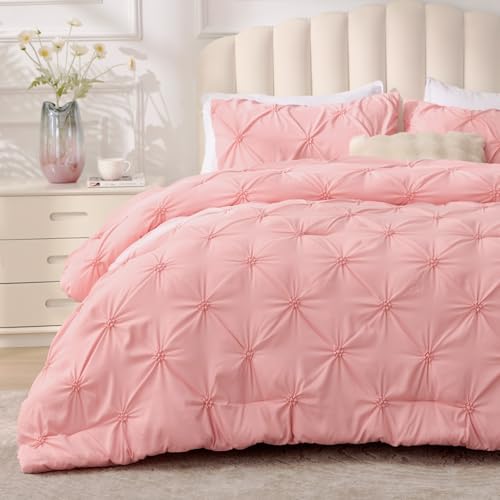 BEDELITE Pink Queen Comforter Set - 3 Pieces Boho Pintuck Bedding Comforter Sets, Lightweight Soft & Warm Bed Comforter with 2 Pillowcases for All Season,Valentines Day BEDELITE