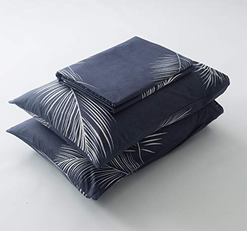 SUSYBAO Plant Patterned Duvet Cover Queen 100% Cotton 3 Pieces Set 1 Hawaiian Tropical Botanical Duvet Cover with Zipper Ties 2 Pillowcases Farmhouse Navy Blue Palm Leaves Print Bedding Set Soft SUSYBAO