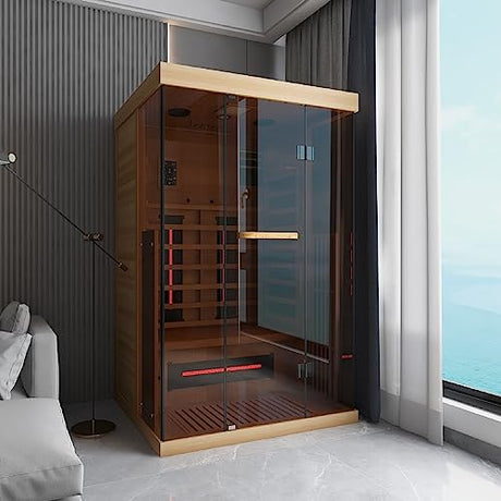 SWHSE 1-2 Person Infrared Sauna 15 Minutes Pre-Warm up Far Infrared Sauna for Home with 7 Colors Chromo Therapy Lighting and Full View Tempered Glass,2-in-1 Towel Holder SWHSE