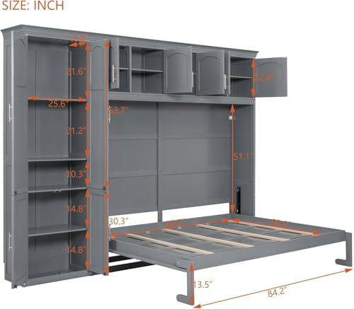 Virubi Queen Horizontal Murphy Bed Cabinet with Storage Cabinet,Wood Folding Murphy Wall Bed for Adult (Grey) Virubi