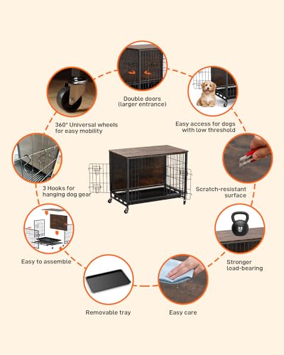 Dog Crate Furniture, 27.2" Double-Doors Dog Kennel Indoor with Removable Tray and Wheels, Wooden Dog Crates for Small Dogs, Dog Kennel Furniture, Decorative Dog Cage End Table, Rustic Brown GAOMON