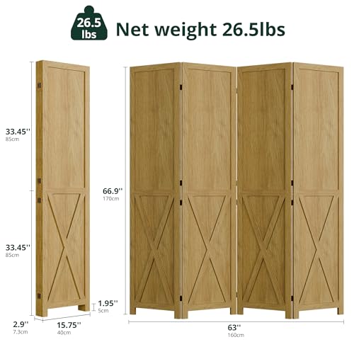 Cozy Castle Wood Room Divider, 4 Panels Folding Privacy Screen, 66.9'' Wall Divider, Barnwood Room Separator, Freestanding Partition, Temporary Wall for for Home Office Restaurant Decorative, Natural Cozy Castle