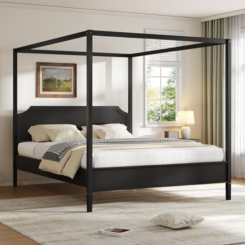 Queen Size Solid Wood Canopy Bed with Headboard and 10''H Under-Bed Storage,Mid-Century Modern Four Posters Platform Bed with Wood Slat Support for Bedroom,No Box Spring Needed,Easy Assembly,Black