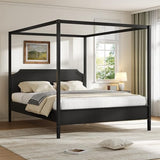 Queen Size Solid Wood Canopy Bed with Headboard and 10''H Under-Bed Storage,Mid-Century Modern Four Posters Platform Bed with Wood Slat Support for Bedroom,No Box Spring Needed,Easy Assembly,Black