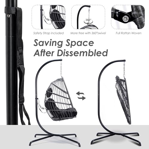 NICESOUL® Egg Chair Indoor Outdoor Patio Wicker Hanging Egg Chair Swing Egg Basket Chairs with Stand UV Resistant Cushions 350lbs Capacity for Outside Backyard Balcony Xmas Gift NICESOUL