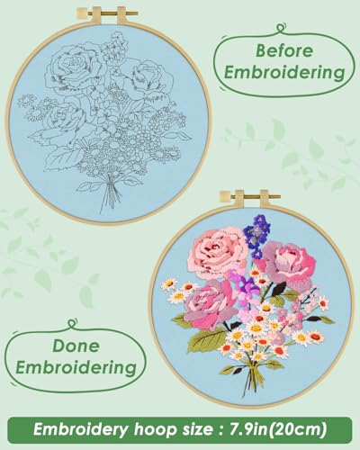 ERKOON Embroidery Kit for Beginners, Flower Cross Stitch Set for Include Embroidery Cloth Hoops Threads for Craft Lover Hand Stitch with Embroidery Skill Techniques (Bouquet) ERKOON
