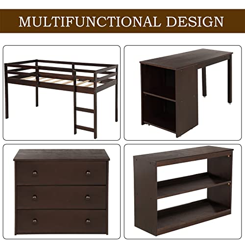 Bellemave Espresso Low Loft Bed Frame with Storage & Rolling Desk for Kids and Teens Bellemave