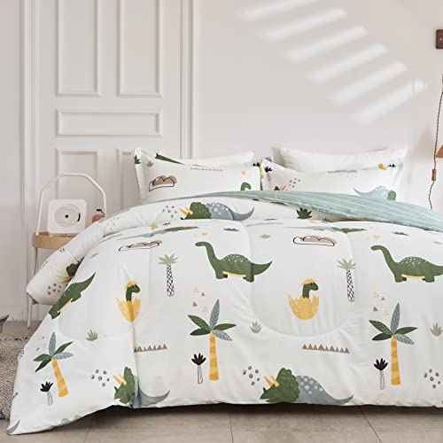 Joyreap Dinosaur Kids Cotton Comforter Set for Boys Girls, Twin Size 3pcs Cotton Bedding Comforter, Fresh Green Dinosaurs on White Design, Skin-Friendly Breathable for All Season- 68x88 inches Joyreap