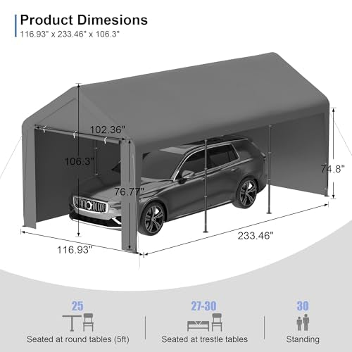 Kecreque Carport 10x20 Heavy Duty Portable Garage w/Removable Sidewalls & Roll-Up Door Car Canopy Party Tents Waterproof UV Resistant All Weather Car Port for Trucks,Boats(Grey) Kecreque