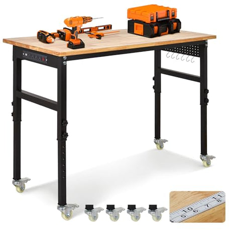 Heavy-Duty Adjustable Garage Workbench 60" L x 24" W – 2000 LBS Capacity with ETL Power Outlet, Rubberwood Top for Woodworking, Welding, Crafting & Home Office (29.5"-39.4" Height Adjust) EliteEdge
