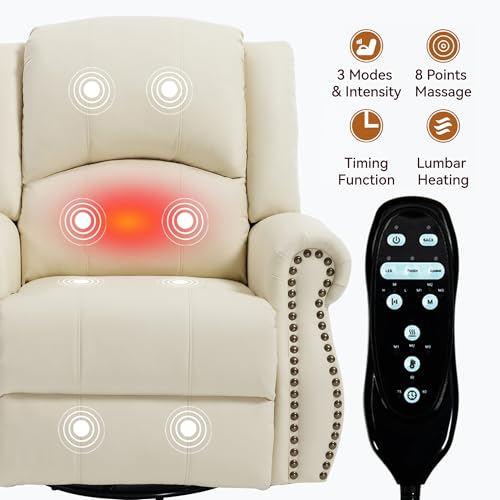 Montary Heavy Duty Manual Lift Recliner Chair with Heat Massage, Adjustable Footrest, Rocker & Swivel, Lay Flat Function in Breathable Leather Reclining Sofa Chair (White) Montary