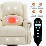 Montary Heavy Duty Manual Lift Recliner Chair with Heat Massage, Adjustable Footrest, Rocker & Swivel, Lay Flat Function in Breathable Leather Reclining Sofa Chair (White) Montary