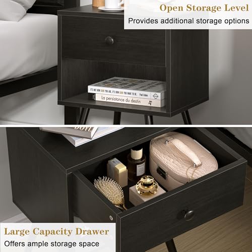 VECELO Nightstands Set of 2, Mid Century Modern End Bedside Table, Night Stand with Storage Drawer and 2 Tiers Open Shelf for Small Place, Bedroom, Living Room, Easy Assembly, Black VECELO