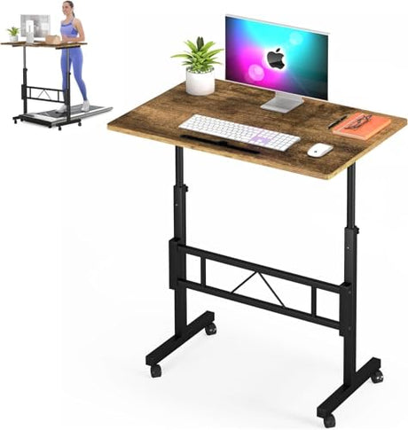 Klvied Small Standing Desk Adjustable Height, Mobile Table with Wheels, Portable Laptop Table, Standing Computer Desk for Walking Pad (Brown) Klvied