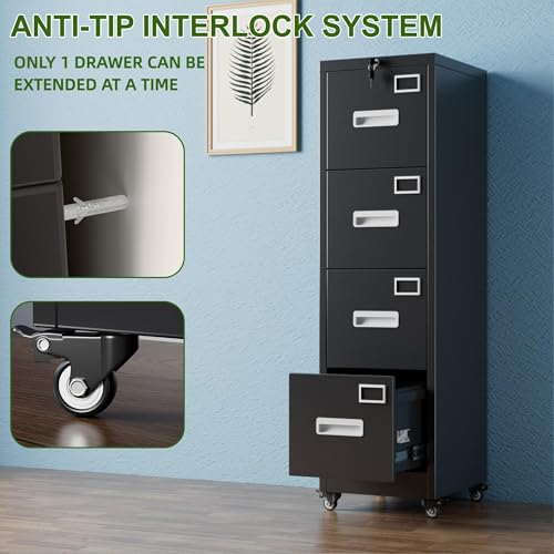 Aobabo 4 Drawer File Cabinet with Lock and Wheels, Metal Vertical Filing Cabinet with Anti-Tilt Interlock System for Home Office, Fits Letter/Legal Size, Black,Required Assembly Aobabo
