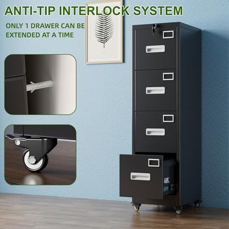Aobabo 4 Drawer File Cabinet with Lock and Wheels, Metal Vertical Filing Cabinet with Anti-Tilt Interlock System for Home Office, Fits Letter/Legal Size, Black,Required Assembly Aobabo