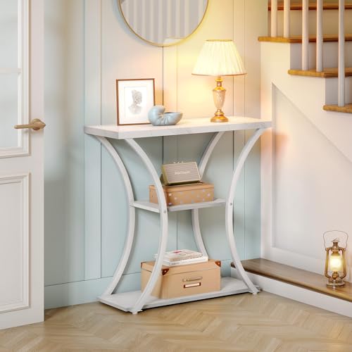 Hoctieon 3 Tier Console Table with Open Wood Shelves, Decorative Entryway Table with Curved Metal Frames, Narrow Sofa Table for Entrance, Living Room, Hallway, White Marbled Hoctieon