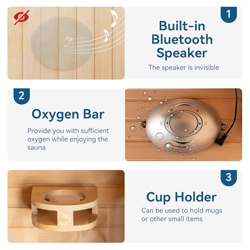 WOODBRIDGE Infrared Home Sauna Room 2 Person Hemlock Wooden Indoor Sauna,7 Carbon 2230W/120V Heaters,with Led Color Therapy Light,Bluetooth Speaker,Tempered Glass,Touch-Tone Keypad and A Top Vent WOODBRIDGE