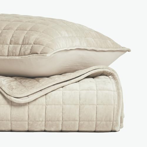 RECYCO Luxury Velvet Quilt Set King Size Bedding Sets, Ultra Soft Velvet Comforter Set, Lightweight Channel Box Stitch Oversized Bedspread Coverlet for All Season, with 2 Shams, Beige RECYCO