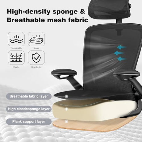 BESTFAIR Ergonomic Office Desk Chair Comfy, High Back Mesh Office Desk Chairs with Adjustable Lumbar Support, Headrest, Flip-up Armrests, Home Computer Chair for Gaming, Work, Black BESTFAIR