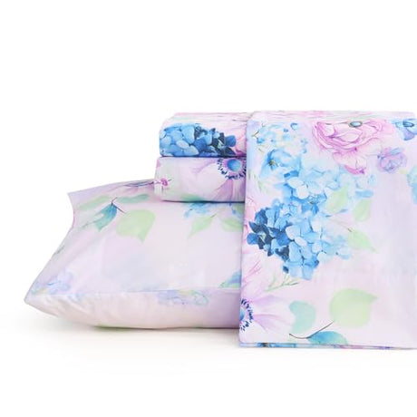 JSD Purple Hydrangea Floral Sheet Set Twin Size, 3 Piece Printed Microfiber Bed Sheets Deep Pocket JSD