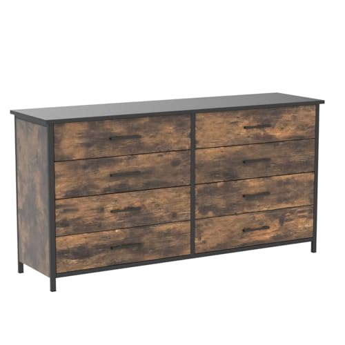 IKENO 8 Drawer Dresser, Industrial Wood Storage Dressers & Chests of Drawers with Sturdy Steel Frame, Storage Dresser for Bedroom Wood (Rustic Brown) IKENO