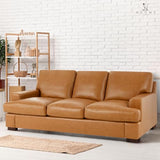 Naomi Home Siggy Genuine Leather Sofa - Luxurious Comfort, Goose Feather Cushion Filling, Square Arm Design, Sturdy Block Legs, Elegant Tan - Ideal for Living Room, Office, or Bedroom Naomi Home