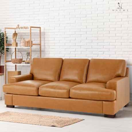 Naomi Home Siggy Genuine Leather Sofa - Luxurious Comfort, Goose Feather Cushion Filling, Square Arm Design, Sturdy Block Legs, Elegant Tan - Ideal for Living Room, Office, or Bedroom Naomi Home