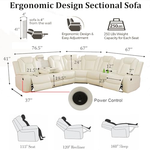 Breathing Leather Reclining Sofa Set,Power Recliner Sectional Couch with LED Light,Modern Living Room Furniture Set,Reclining Sectional Couch Set with USB Port/Storage for Home/Home Theater