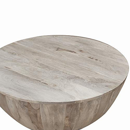 The Urban Port 12-Inch Height Round Mango Wood Coffee Table, Subtle Grains, Distressed White - WoodArtSupply