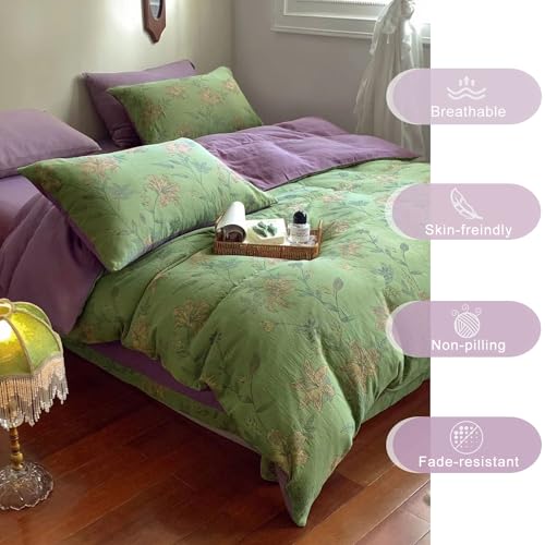 VM VOUGEMARKET Green Duvet Cover Set Full,Lily Flower Jacquard Duvet Cover with 2 Pillowcases 3Pcs Yarn-Dyed Linen Cotton Green Purple Bedding Set for Teens Girls Without Comforter-80 x90 VM VOUGEMARKET