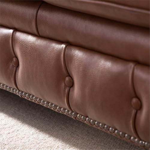 BOWERY HILL 95" W Traditional Leather Tufted Back Chesterfield Sofa with Removable Seat Cushions, Leg Assembly Required, for Living Room, in Chestnut Finish BOWERY HILL