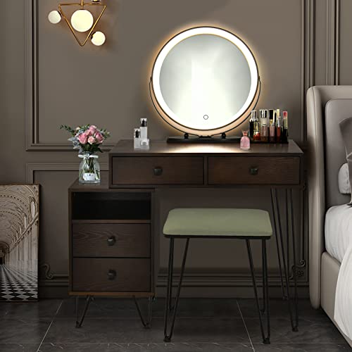 DORTALA Vanity Set, Wooden Makeup Dressing Table with 3 Colors Lighted Mirror & Stool, Left or Right Side Cabinet, Lipstick Storage Box, Large