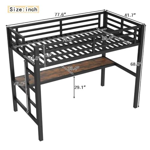 Bellemave Twin Loft Bed with Desk and LED, Metal Twin Loft Bed Frame with USB guardrail and Ladder for Adults, Kids, Teens, Black Bellemave