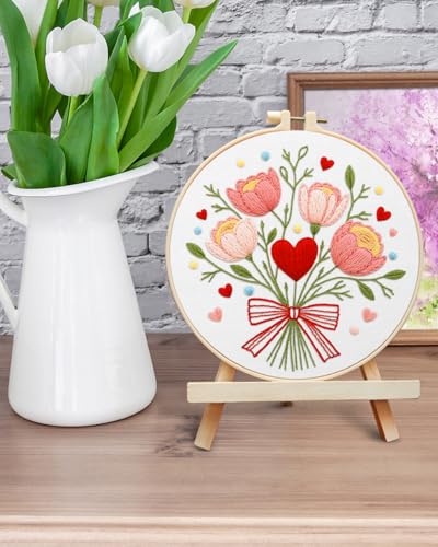 ERKOON Embroidery Kit for Beginners Adult, Flower Cross Stitch Set Include Embroidery Cloth Hoops Threads for Craft Lover Hand Stitch with Embroidery Skill Techniques (Bouquet) ERKOON
