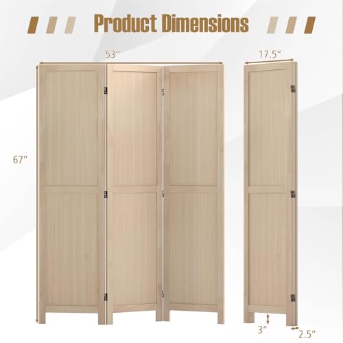 COSTWAY 3 Panel Folding Room Divider, 67" Rubber Wood Privacy Screen for Room Separation, Freestanding Hinged Partition Wall Divider for Bedroom, Living Room, Kitchen, Home Office, Restaurant COSTWAY