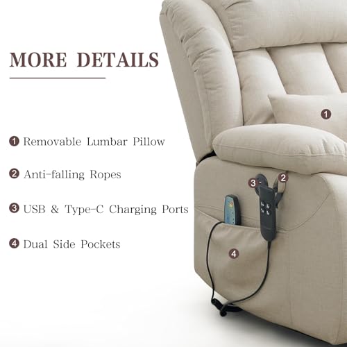 Infinite Position Lay Flat Lift Recliner Chair for Adults, Dual Motor Power Lift Chair for Elderly with Massage & Heating, USB Ports, Remote Control & Lumbar Pillow, Linen Fabric (Ivory)