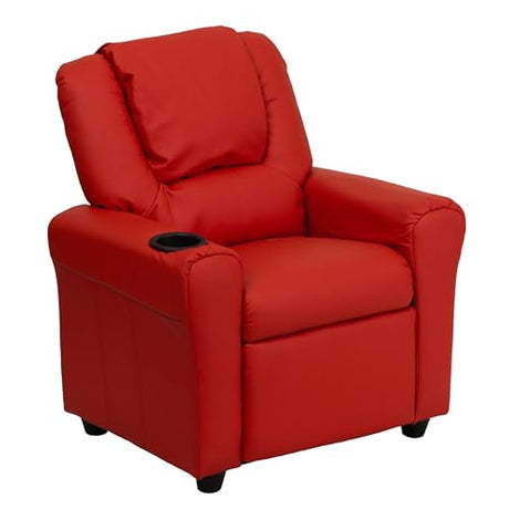 Flash Furniture Vana Vinyl Kids Recliner with Cup Holder, Headrest, and Safety Recline, Contemporary Reclining Chair for Kids, Supports up to 90 lbs., Red Flash Furniture