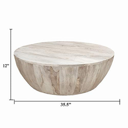 The Urban Port 12-Inch Height Round Mango Wood Coffee Table, Subtle Grains, Distressed White - WoodArtSupply