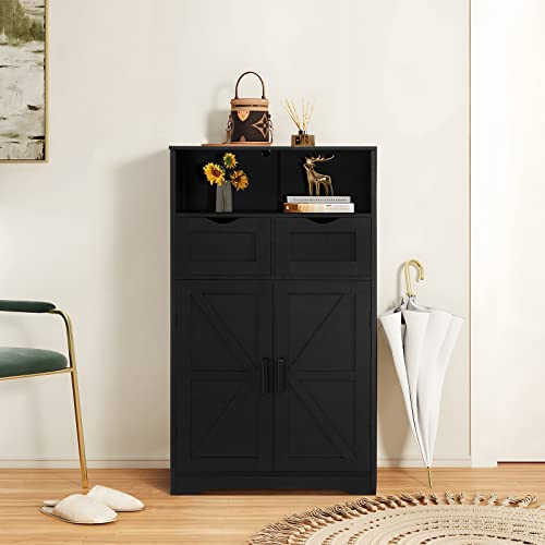 WEENFON Black Floor Cabinet with 2 Doors & 2 Drawers – Stylish Bathroom Storage with Adjustable Shelves - WoodArtSupply